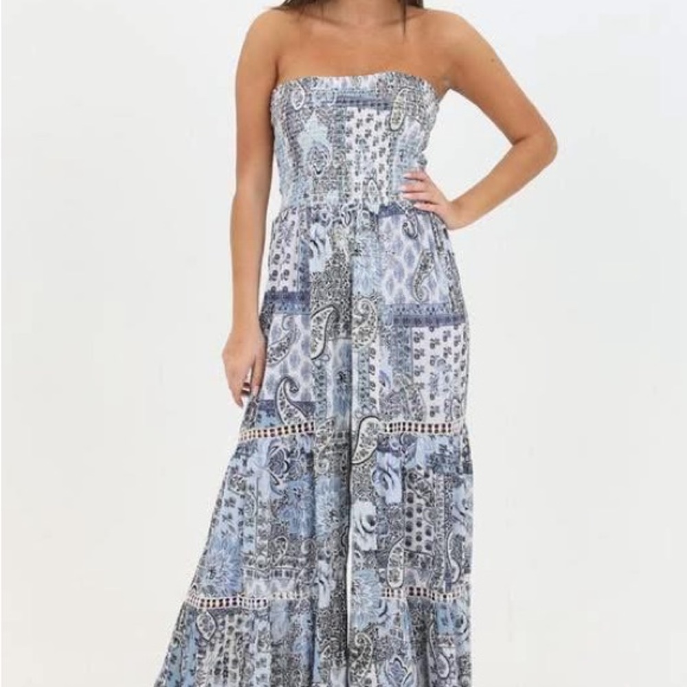 Elegant Blue Patterned Strapless Jumpsuit